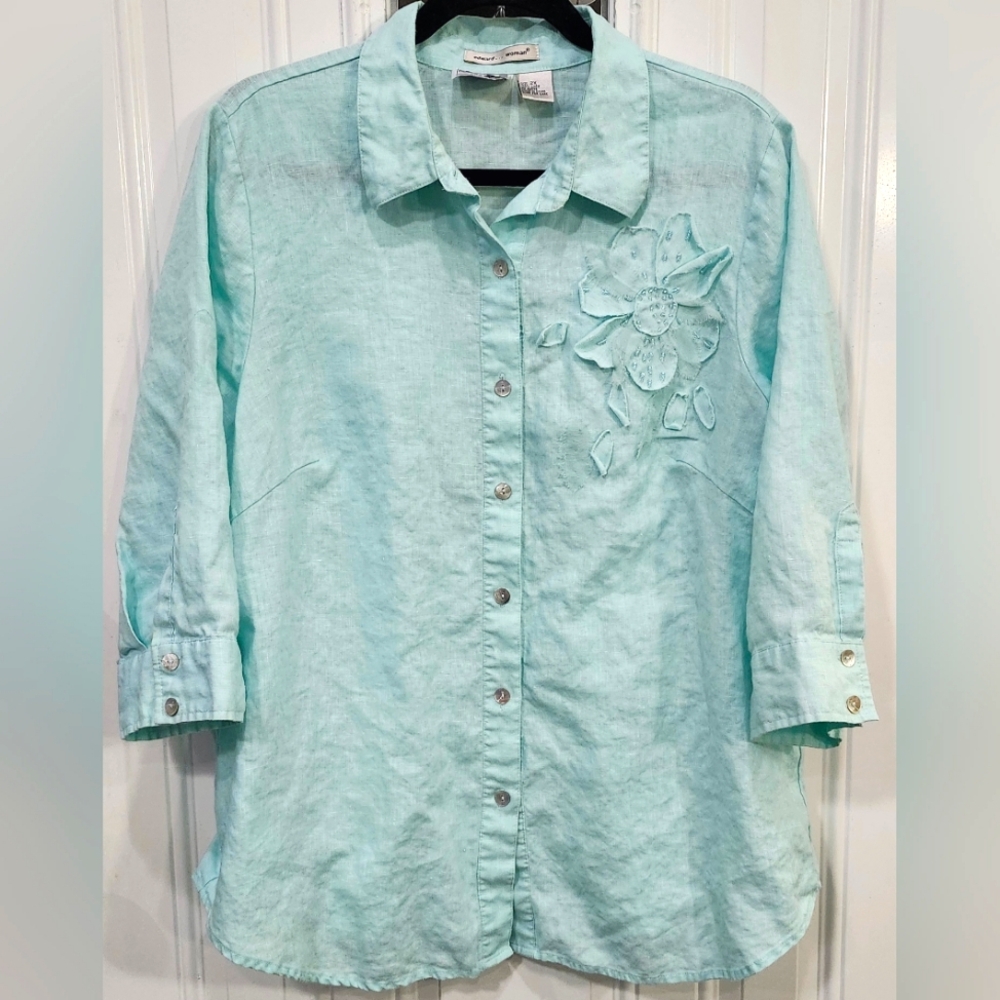 Edward Irish Linen Aqua Button-Up Top Women's Size 2x